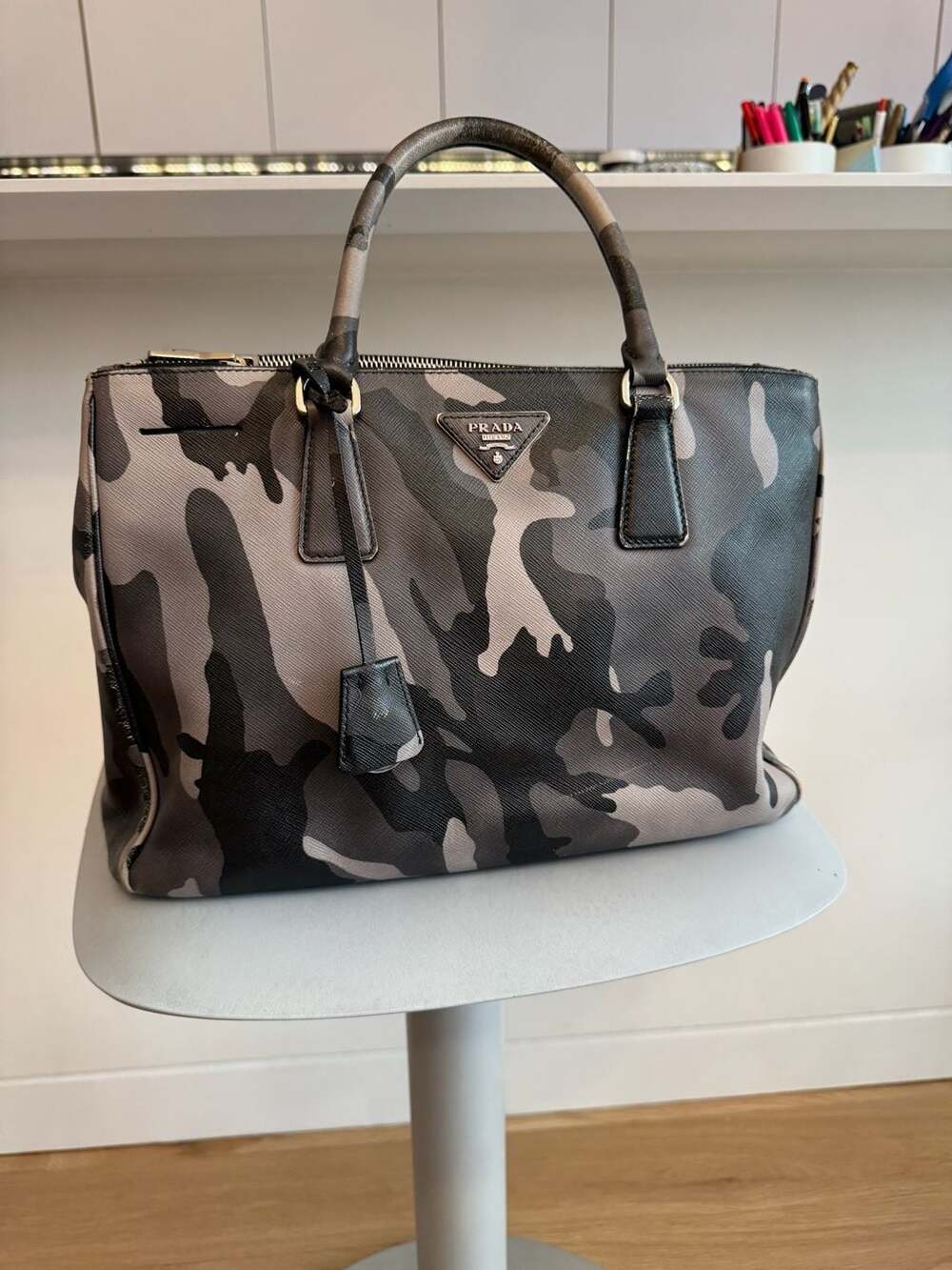 Prada Saffiano Leather Camouflage Twin Tote Double Zip Bag